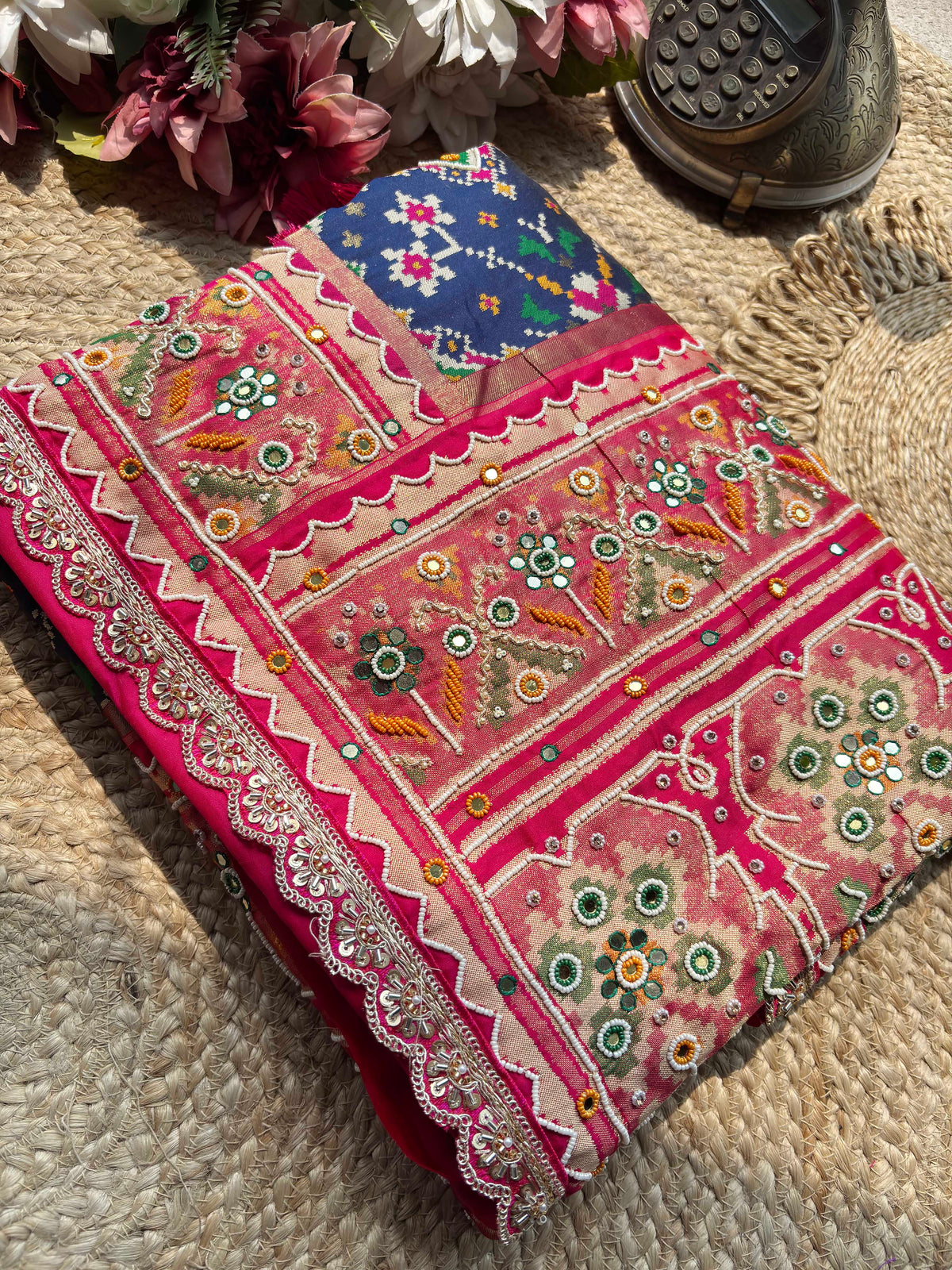 Navy Blue Patola Saree with Pink Embellished Floral Border