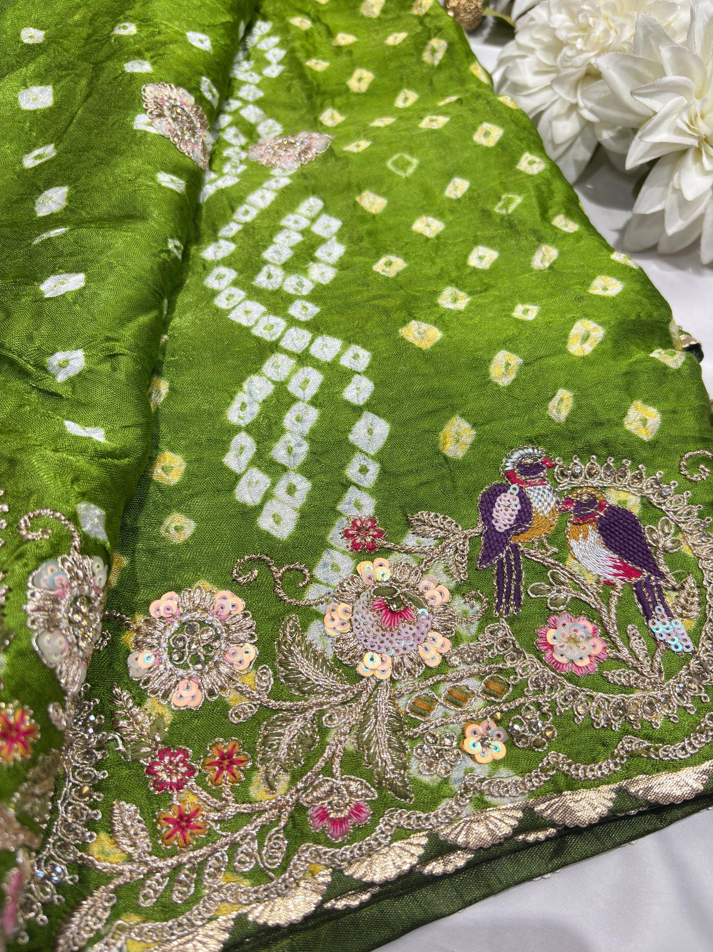 Gajji Silk Sage Green Saree with Bird and Floral Embroidery