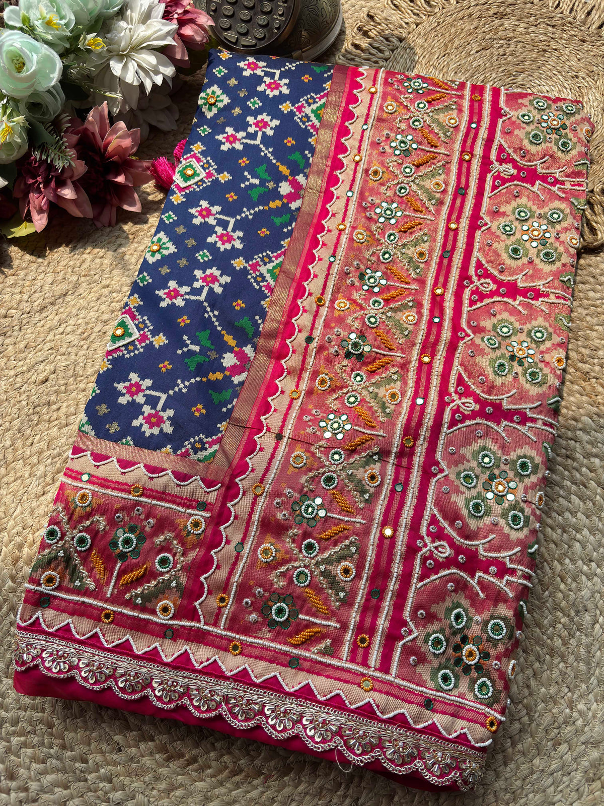 Navy Blue Patola Saree with Pink Embellished Floral Border