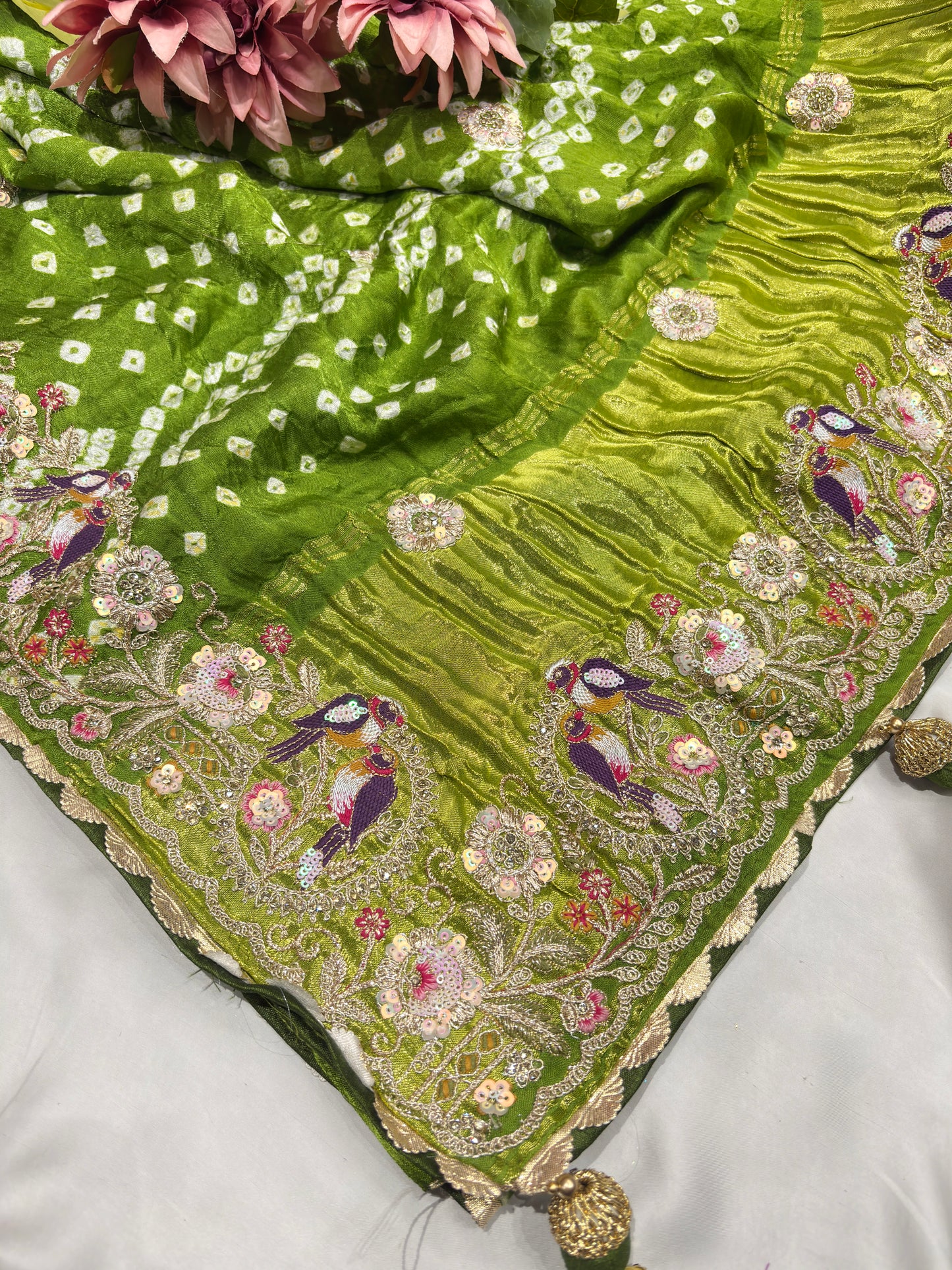Gajji Silk Sage Green Saree with Bird and Floral Embroidery