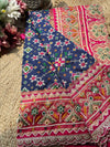 Navy Blue Patola Saree with Pink Embellished Floral Border