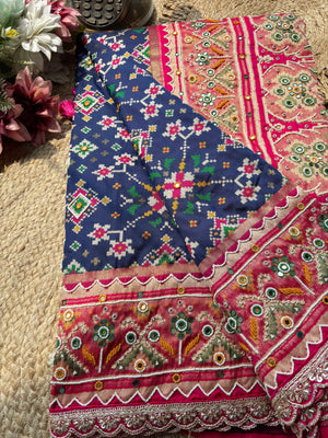 Navy Blue Patola Saree with Pink Embellished Floral Border