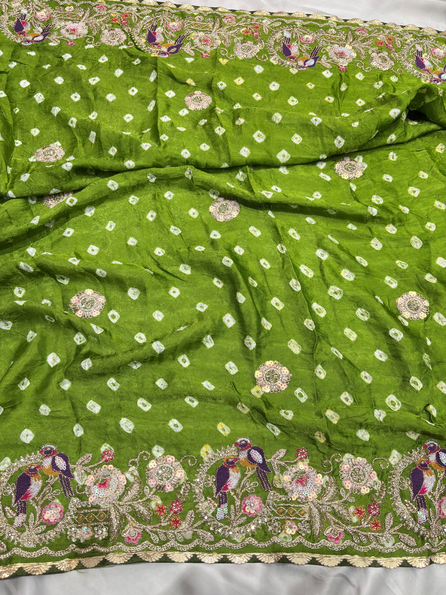 Gajji Silk Sage Green Saree with Bird and Floral Embroidery