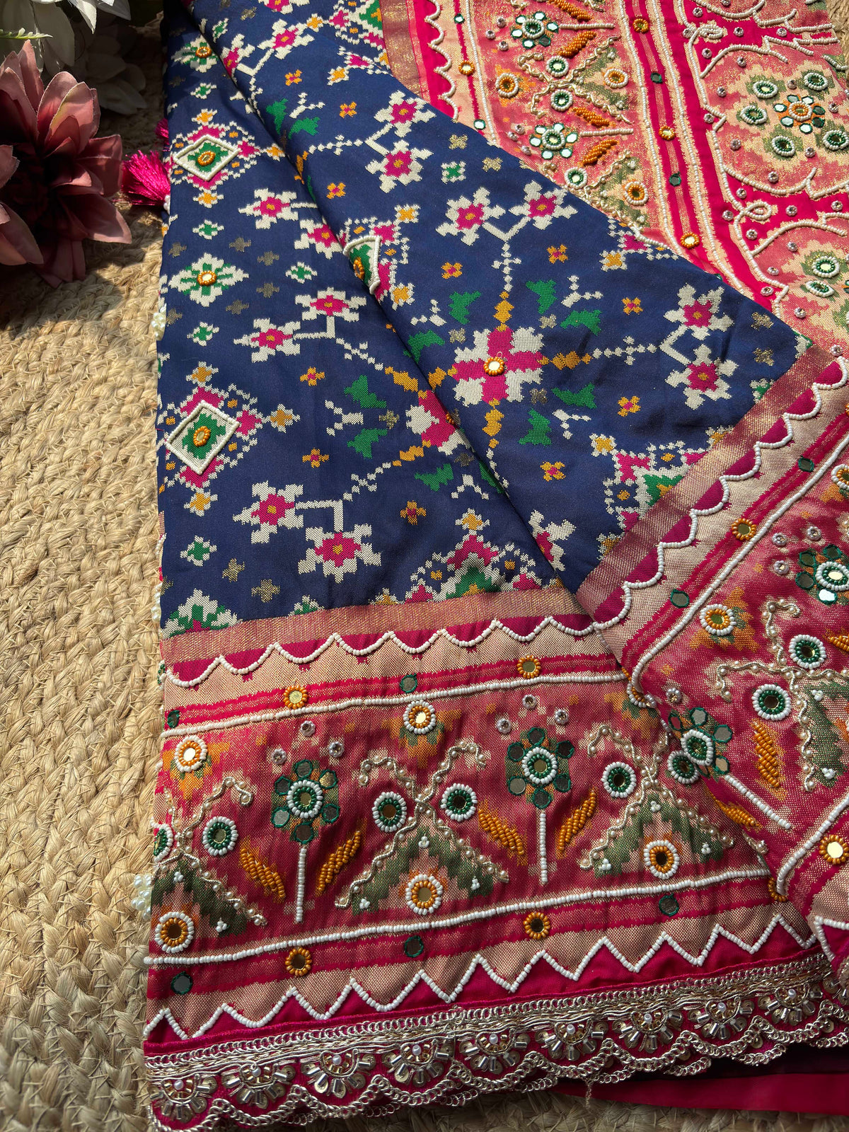 Navy Blue Patola Saree with Pink Embellished Floral Border