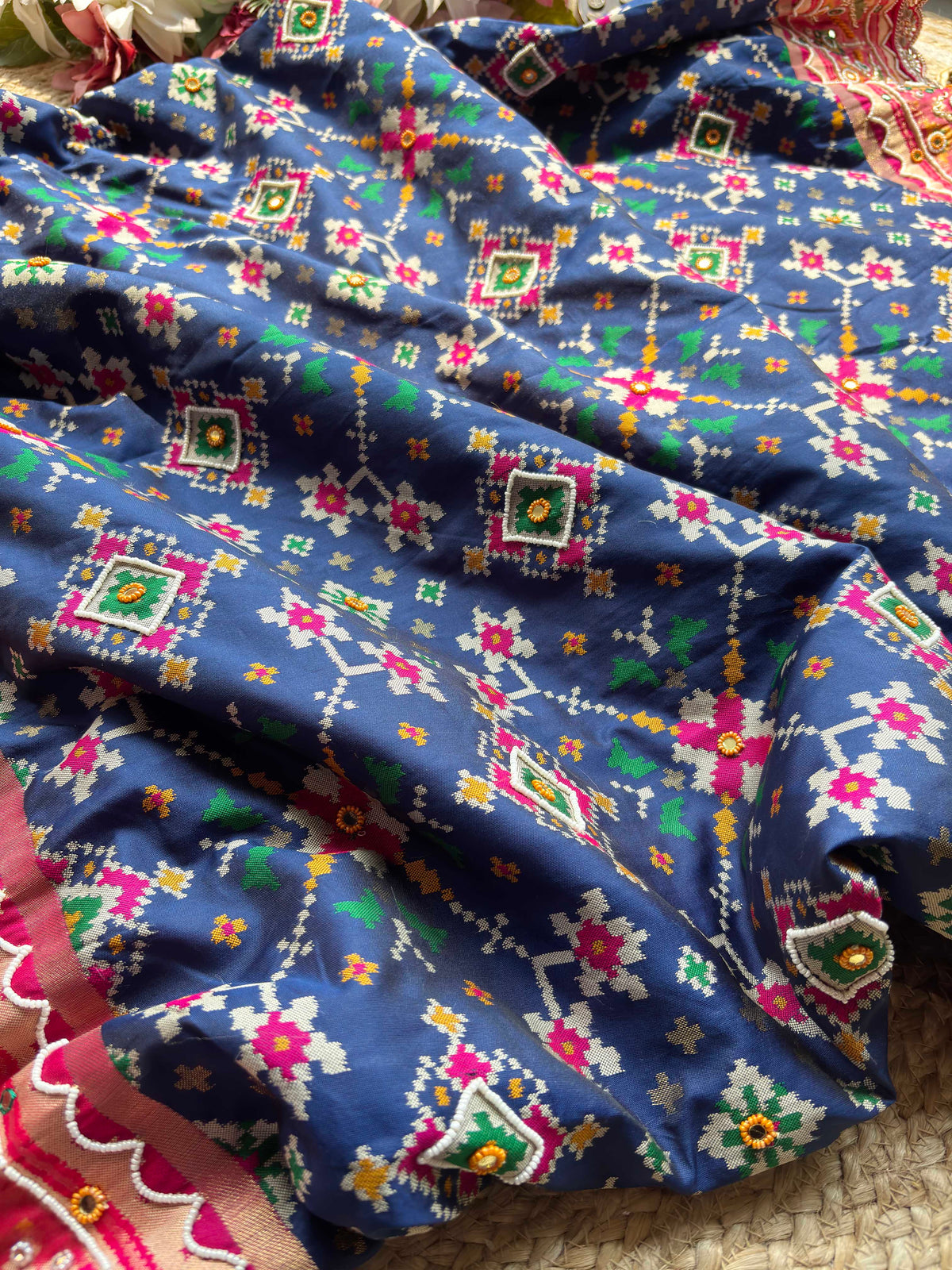 Navy Blue Patola Saree with Pink Embellished Floral Border