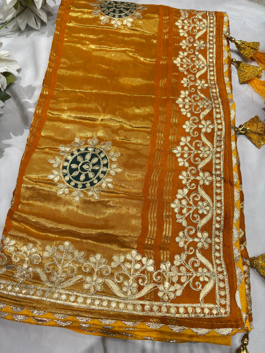 Gajji Silk Mustard Yellow Colour Saree with Floral Vine Embroidery