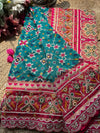 Turquoise Patola Saree with Pink Embellished Floral Border