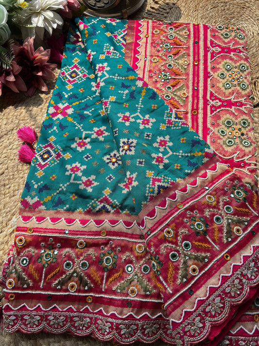 Turquoise Patola Saree with Pink Embellished Floral Border