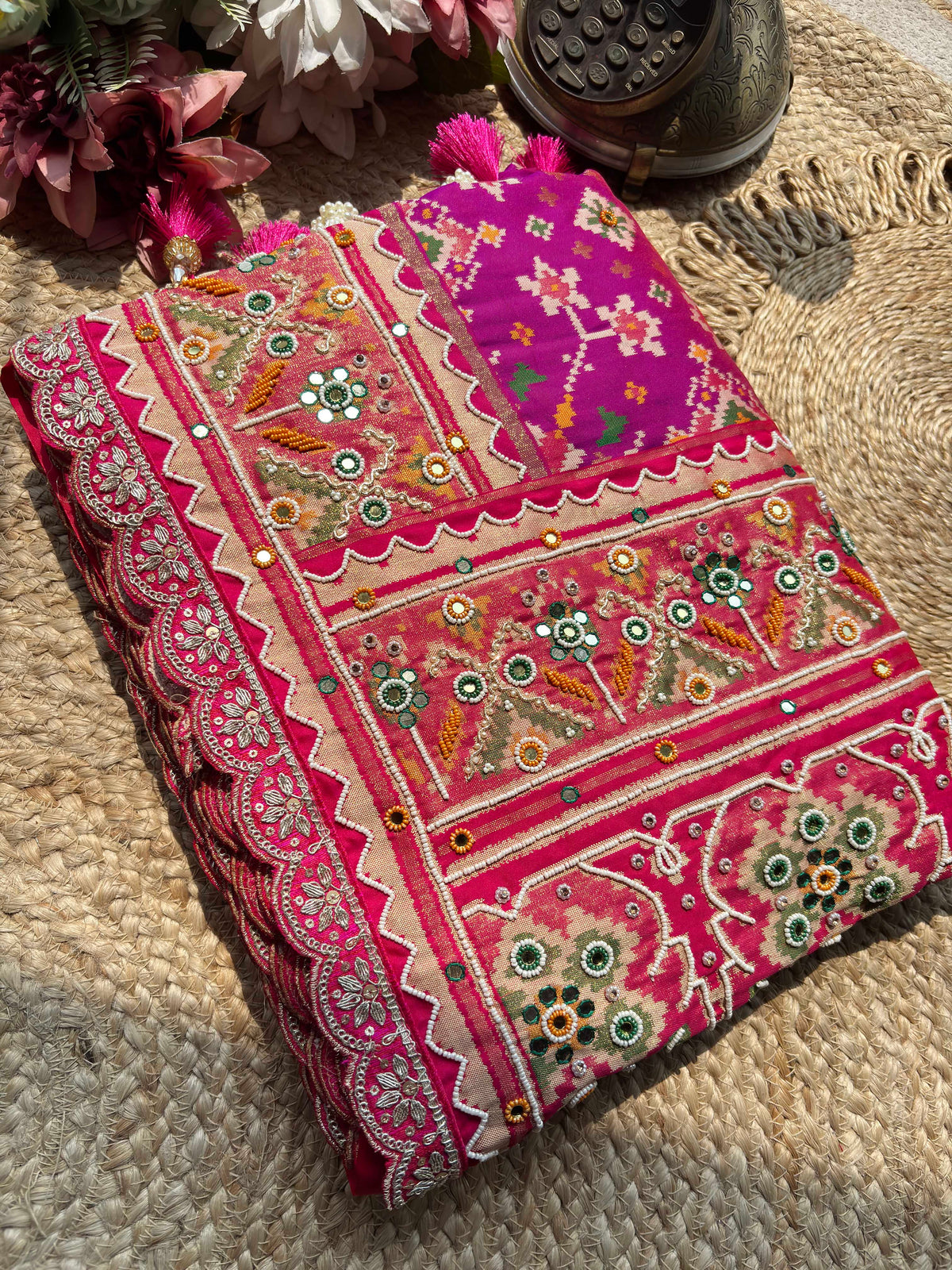 Magenta Patola Saree with Floral Motifs & Embellished Border