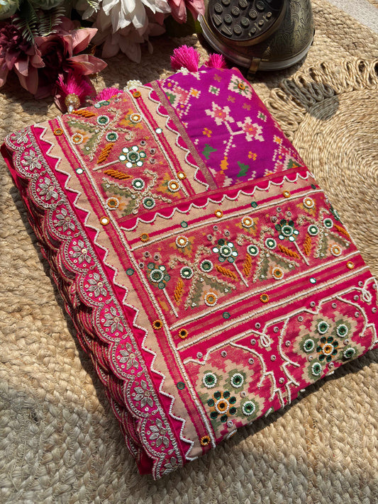 Magenta Patola Saree with Floral Motifs & Embellished Border