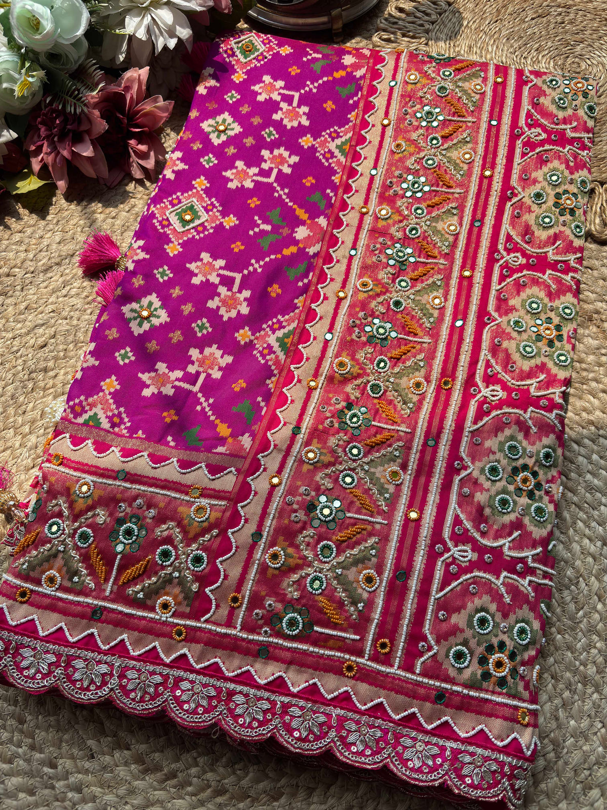 Magenta Patola Saree with Floral Motifs & Embellished Border