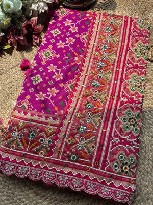 Magenta Patola Saree with Floral Motifs & Embellished Border