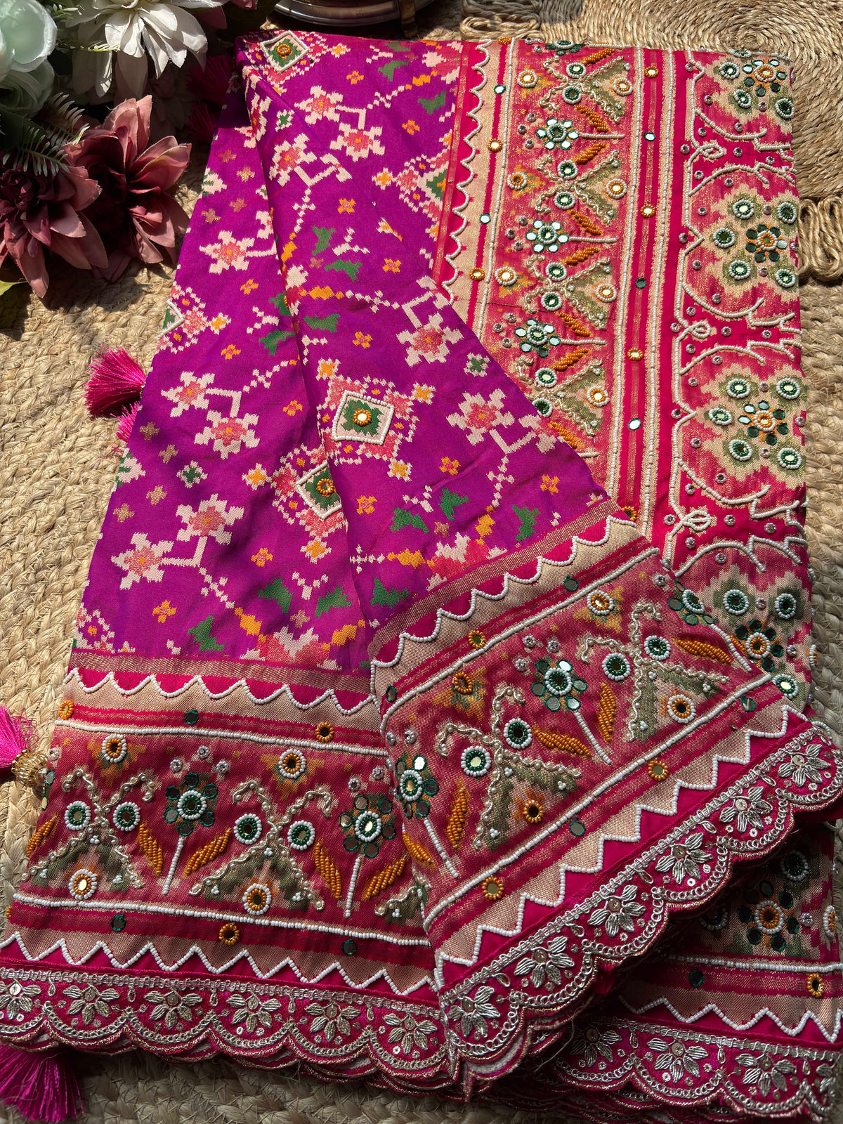 Magenta Patola Saree with Floral Motifs & Embellished Border