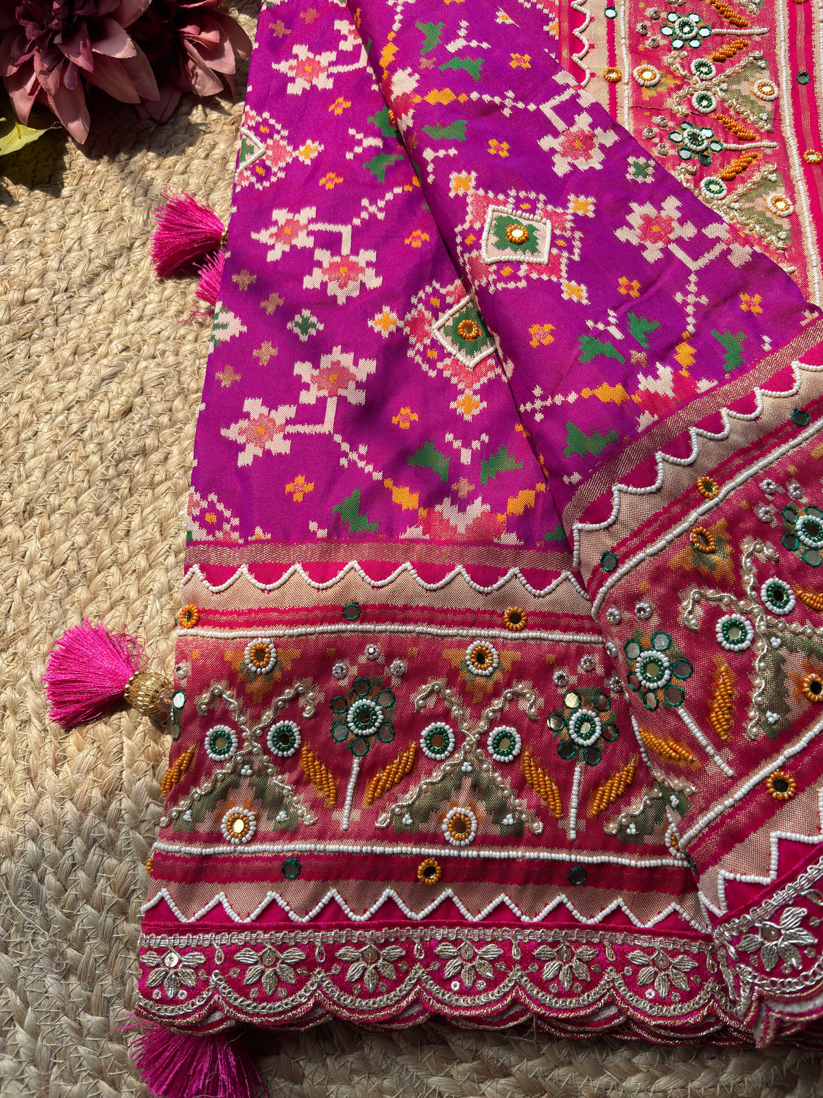 Magenta Patola Saree with Floral Motifs & Embellished Border