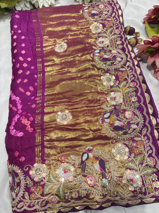 Gajji Silk Wine Colour Saree with Bird and Floral Motifs