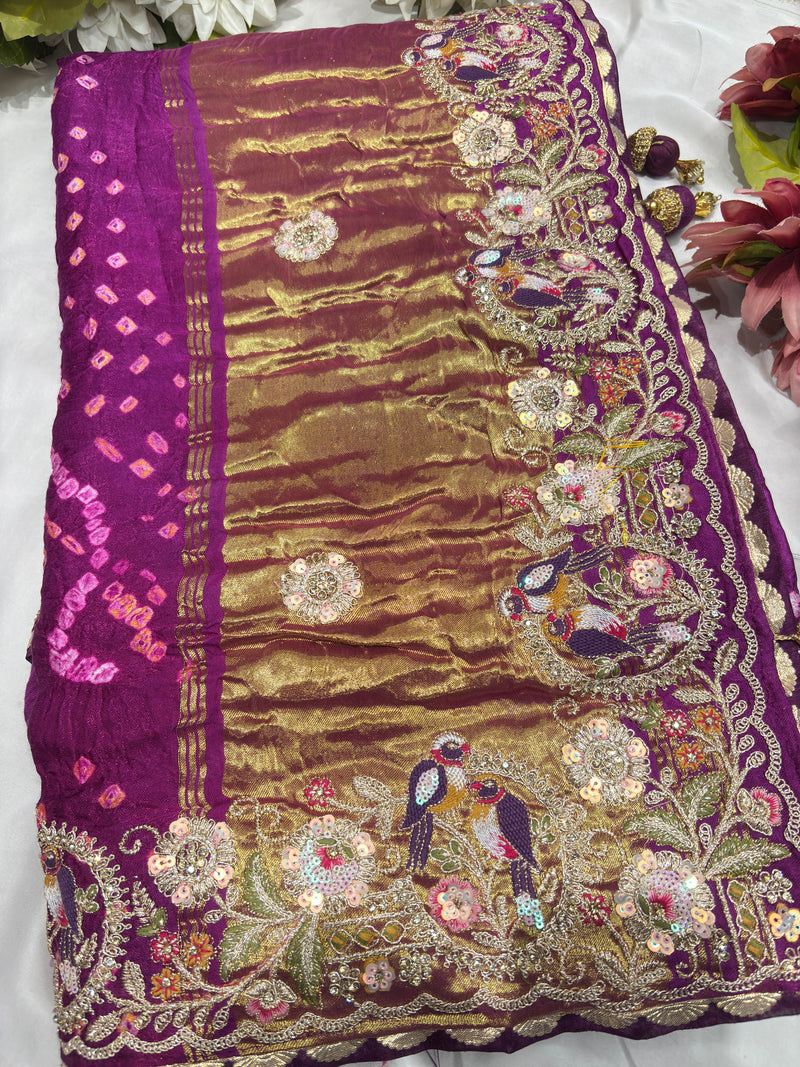 Gajji Silk Wine Colour Saree with Bird and Floral Motifs