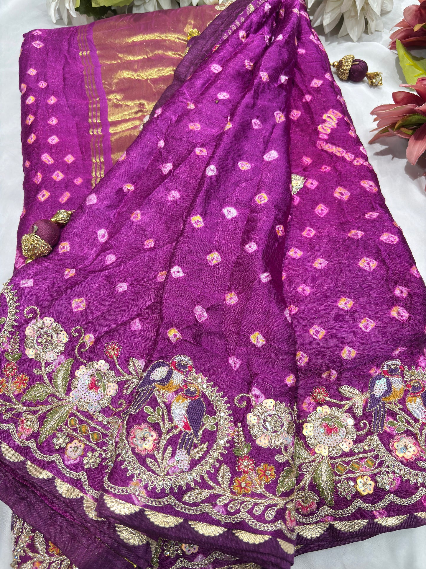 Gajji Silk Wine Colour Saree with Bird and Floral Motifs
