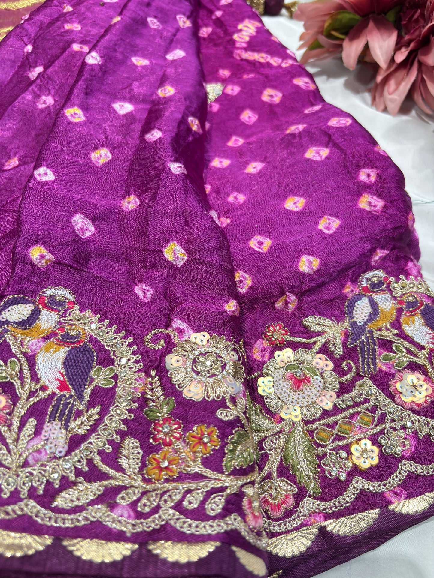 Gajji Silk Wine Colour Saree with Bird and Floral Motifs