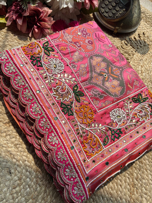 Coral Pink Woven Saree with Floral Beadwork & Embellished Border