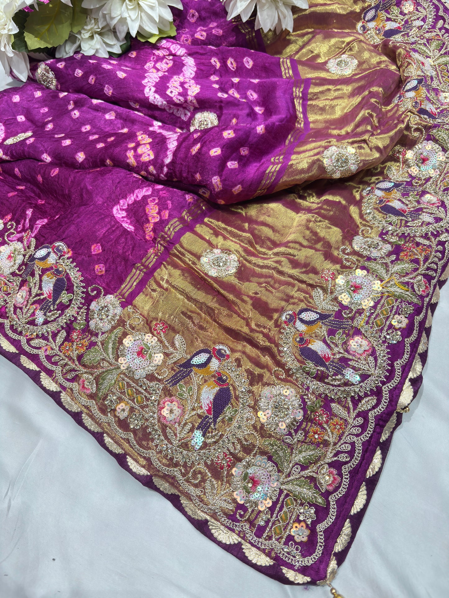 Gajji Silk Wine Colour Saree with Bird and Floral Motifs