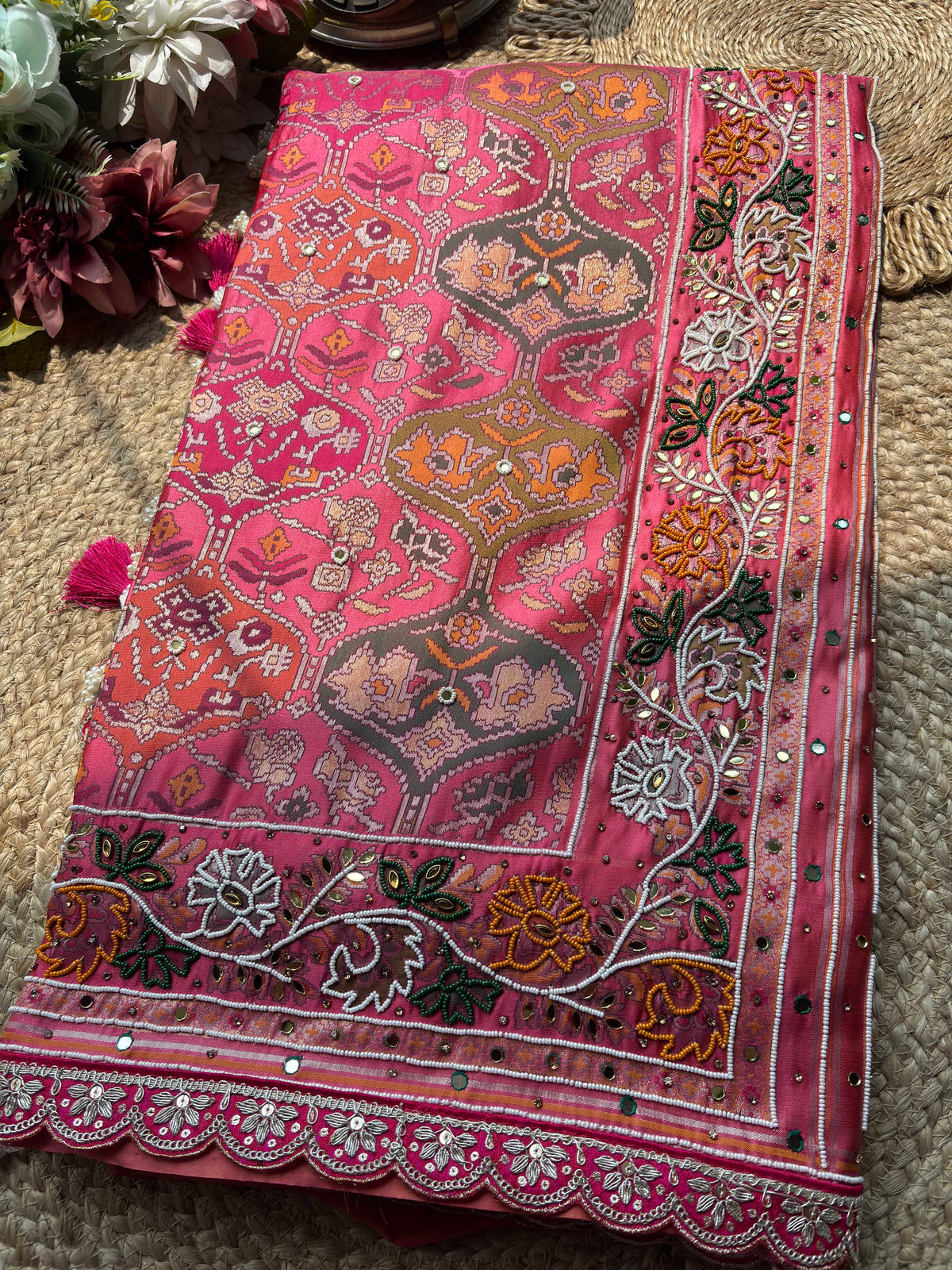 Coral Pink Woven Saree with Floral Beadwork & Embellished Border