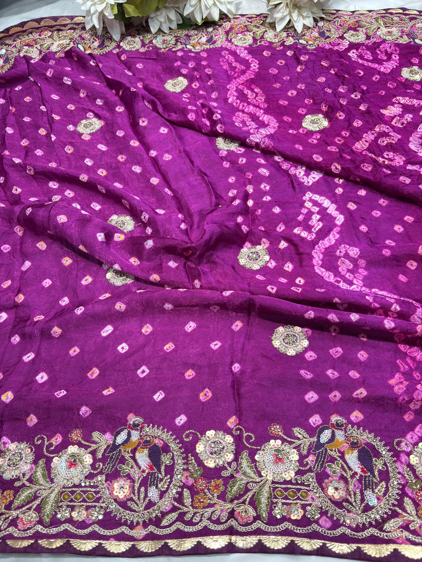 Gajji Silk Wine Colour Saree with Bird and Floral Motifs