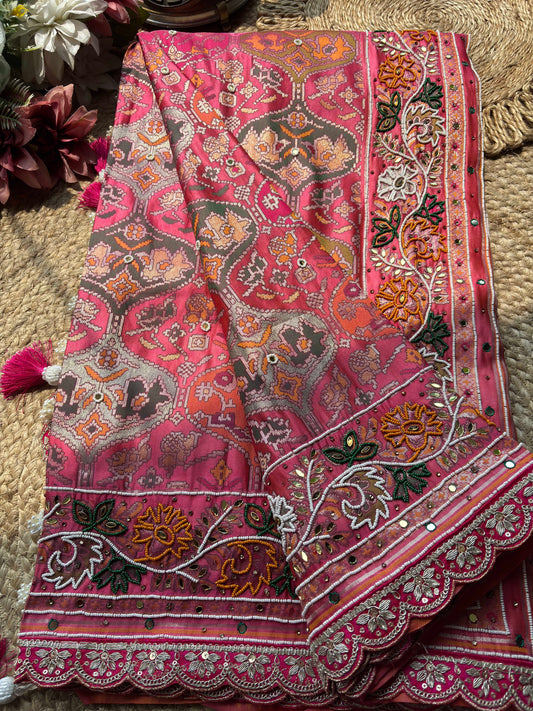 Coral Pink Woven Saree with Floral Beadwork & Embellished Border