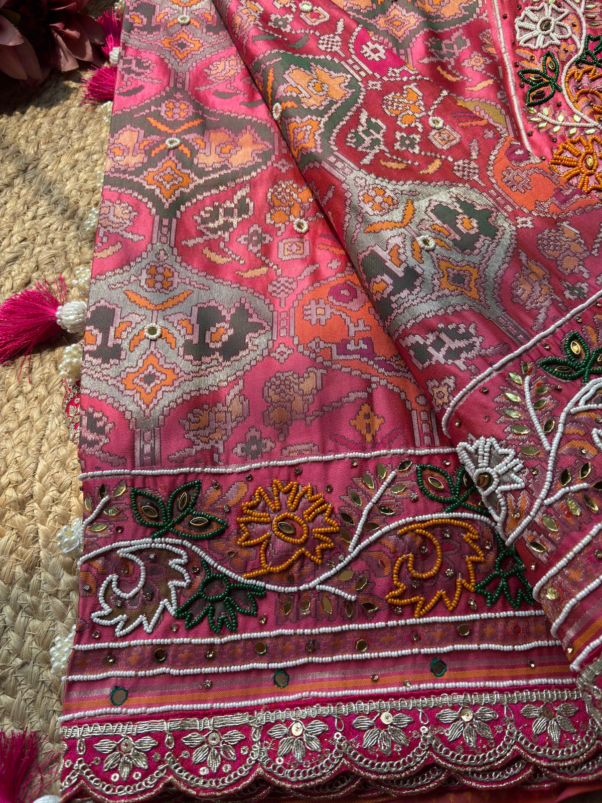 Coral Pink Woven Saree with Floral Beadwork & Embellished Border