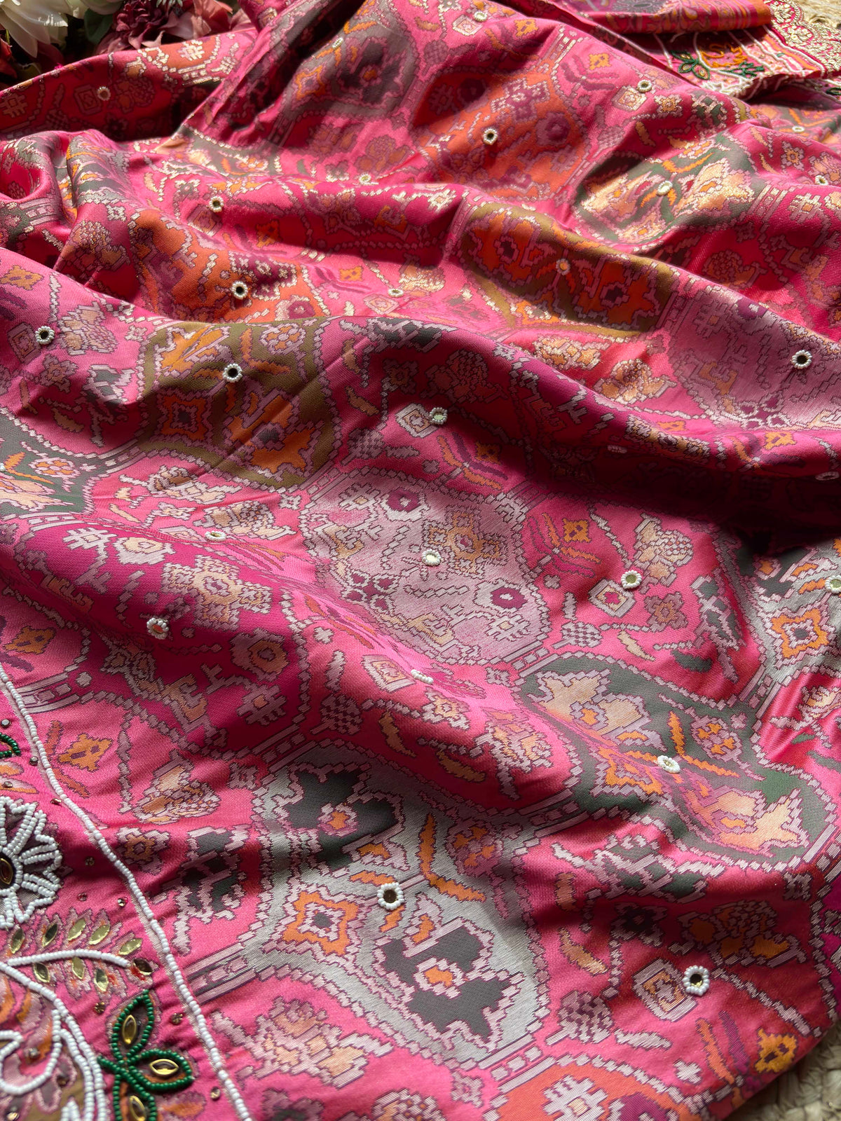 Coral Pink Woven Saree with Floral Beadwork & Embellished Border