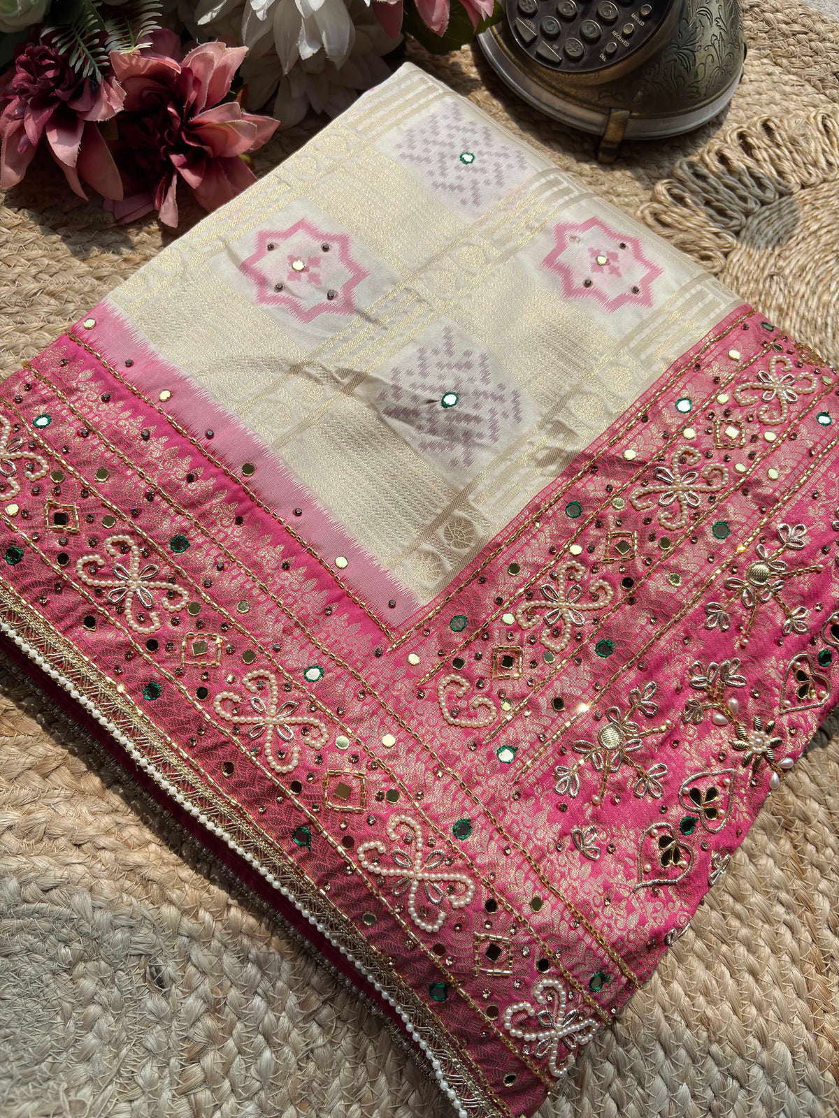 Ivory Woven Saree with Pink Mirror & Pearl Embellished Border