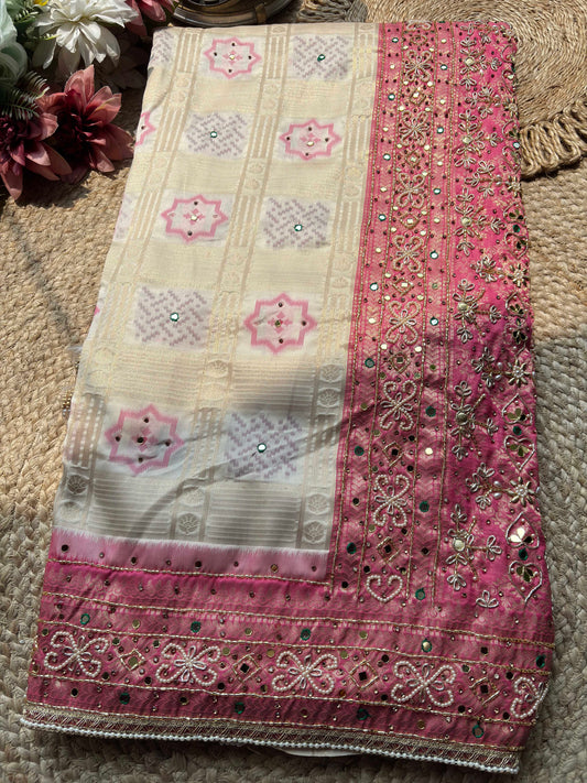 Ivory Woven Saree with Pink Mirror & Pearl Embellished Border