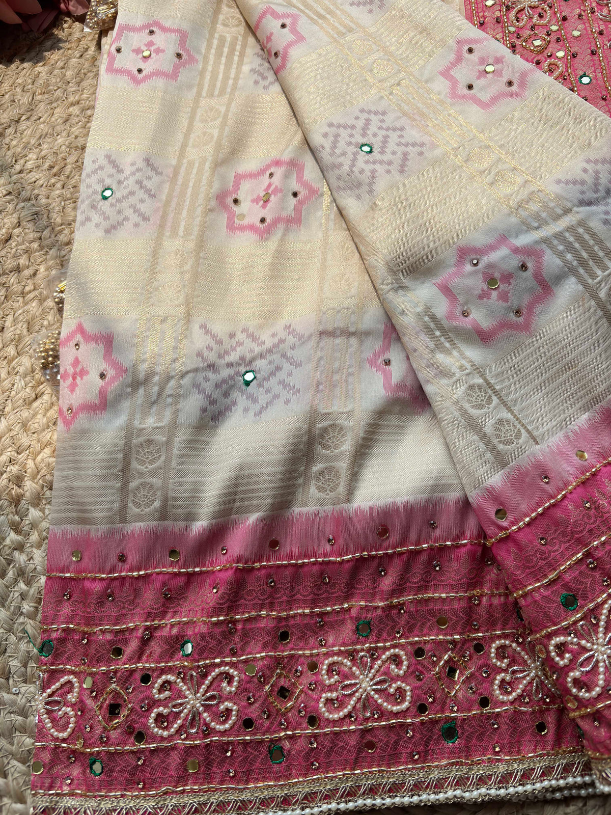 Ivory Woven Saree with Pink Mirror & Pearl Embellished Border