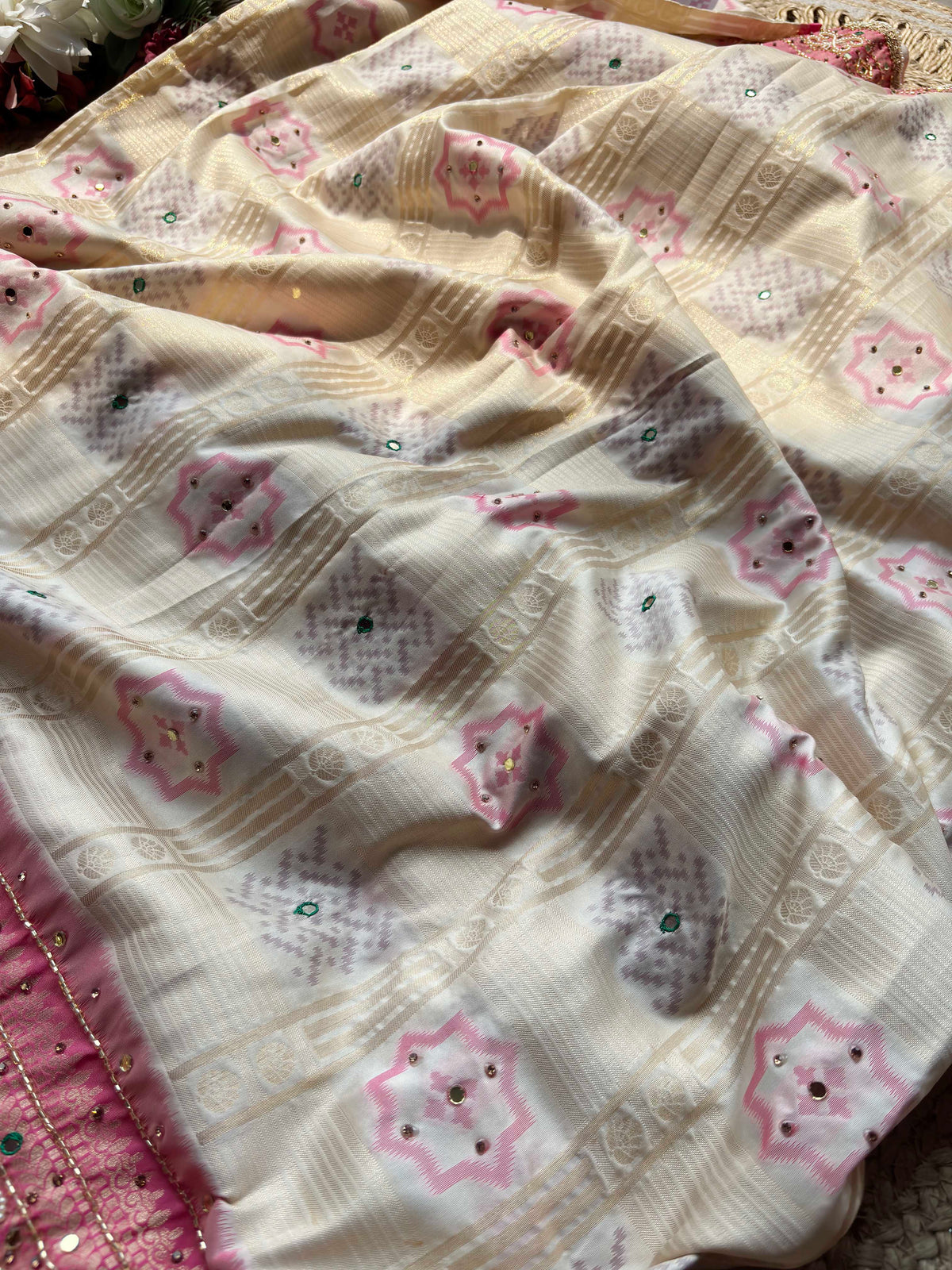 Ivory Woven Saree with Pink Mirror & Pearl Embellished Border