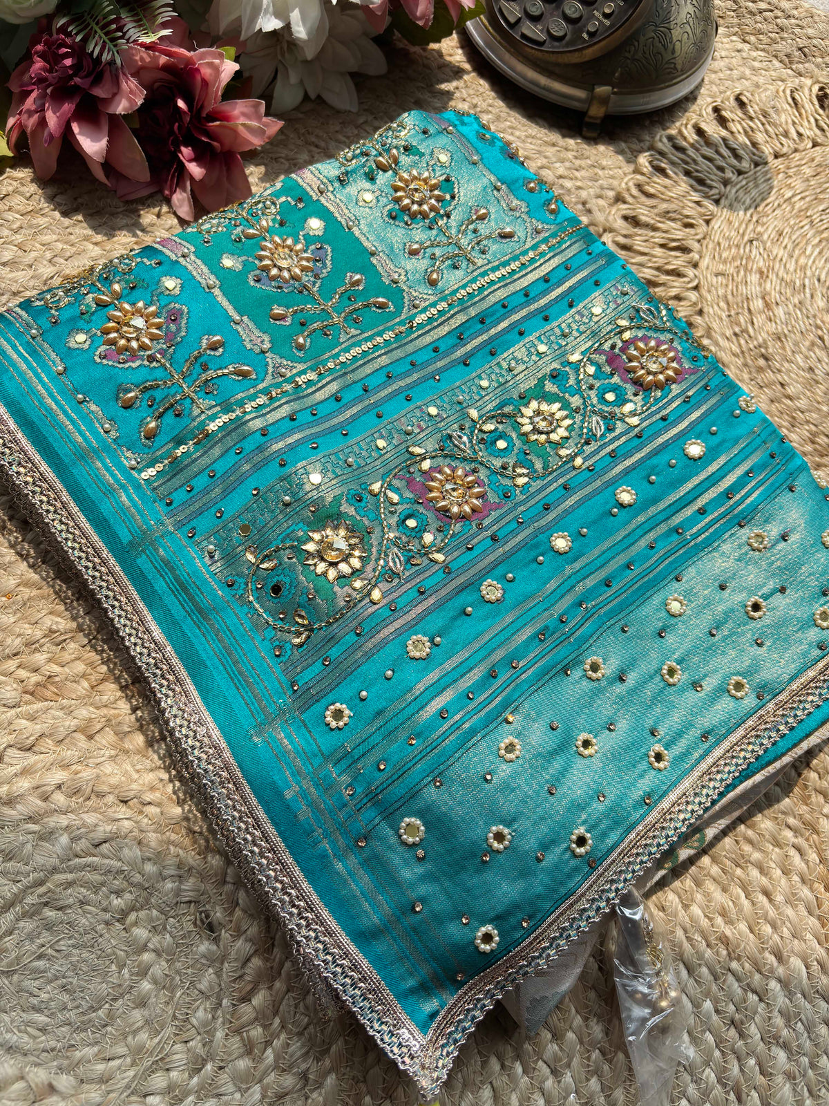 Turquoise & Ivory Patola Embellished Saree with Floral Woven Detail