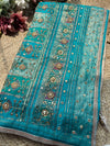 Turquoise & Ivory Patola Embellished Saree with Floral Woven Detail