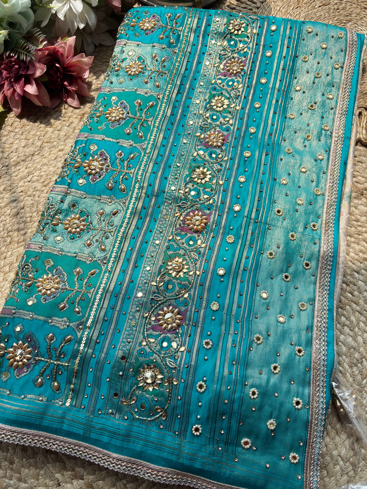 Turquoise & Ivory Patola Embellished Saree with Floral Woven Detail