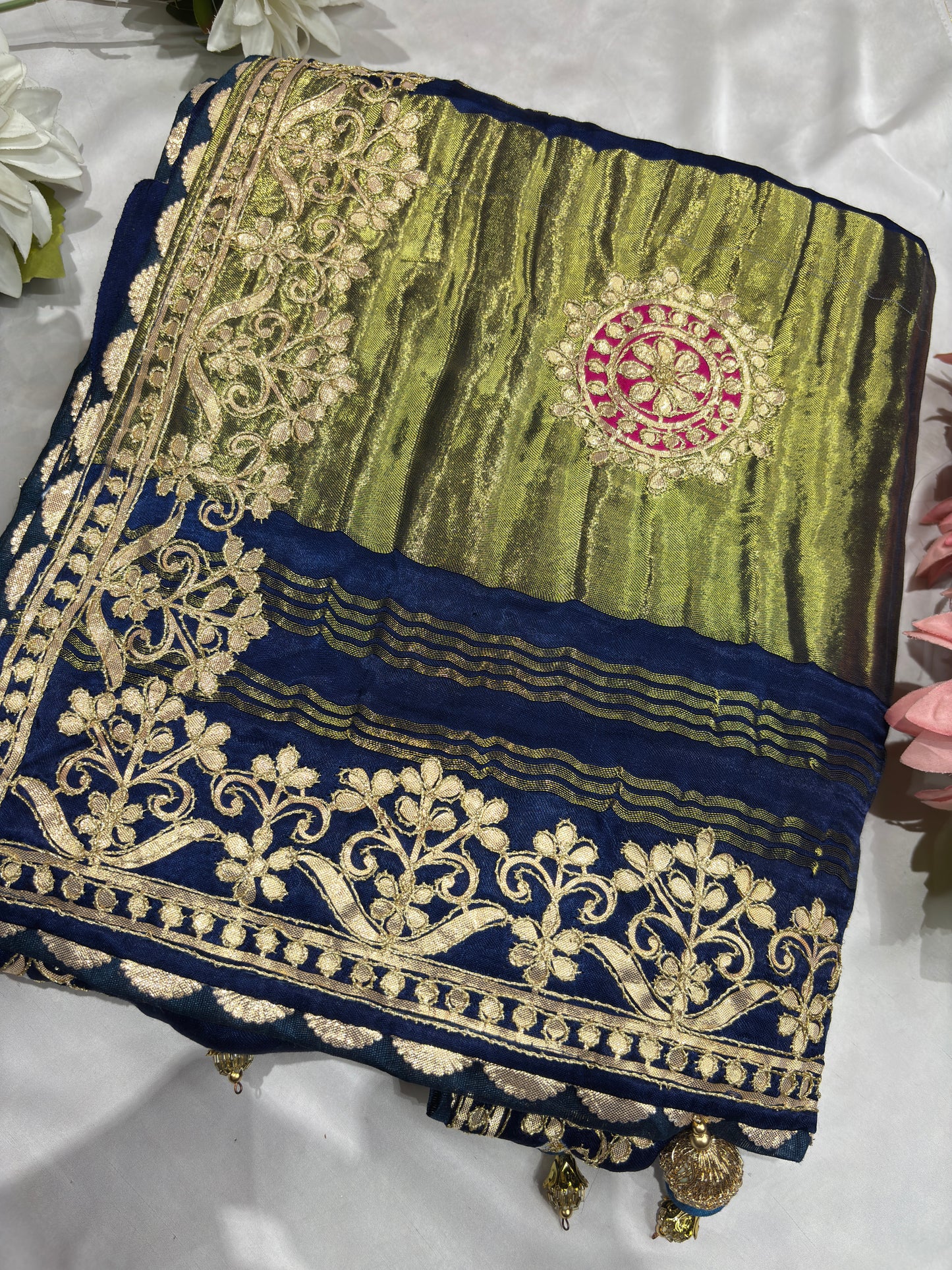 Gajji Silk Designer Saree with Navy Blue Floral Border