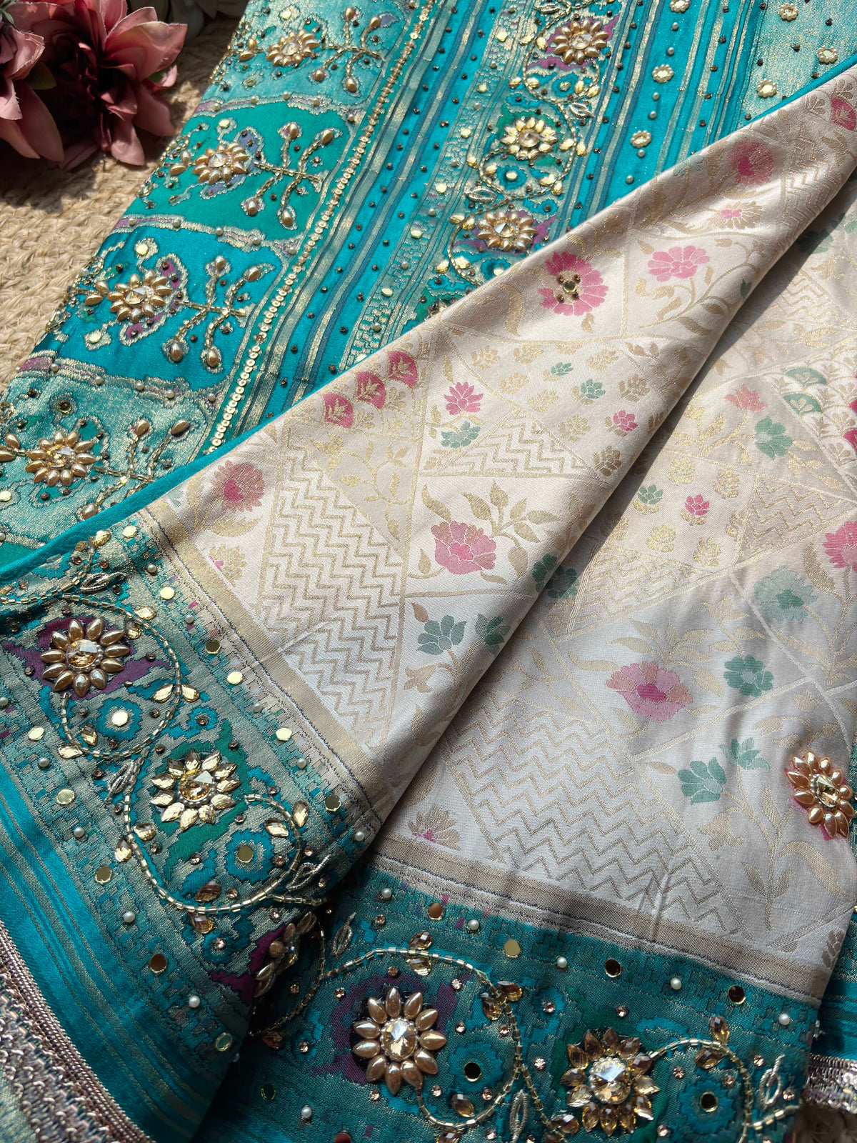 Turquoise & Ivory Patola Embellished Saree with Floral Woven Detail