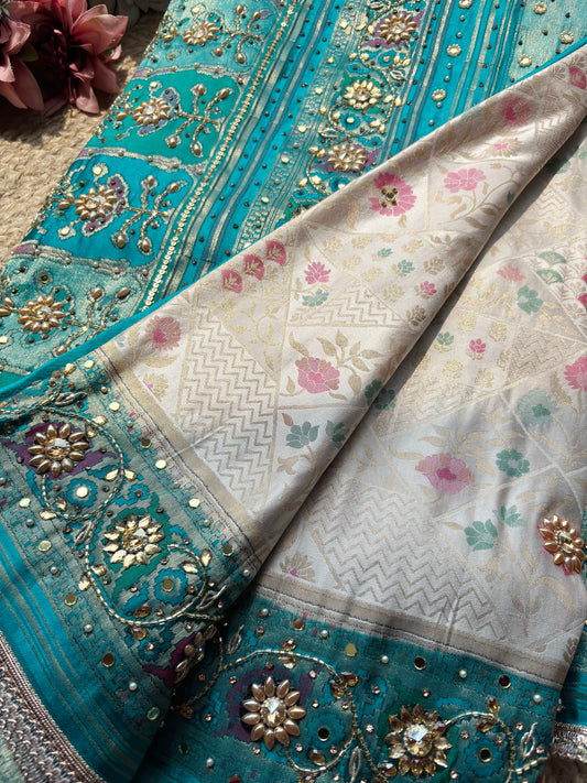 Turquoise & Ivory Patola Embellished Saree with Floral Woven Detail