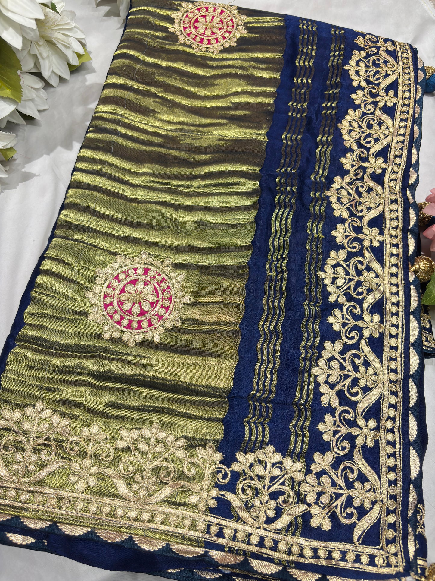 Gajji Silk Designer Saree with Navy Blue Floral Border
