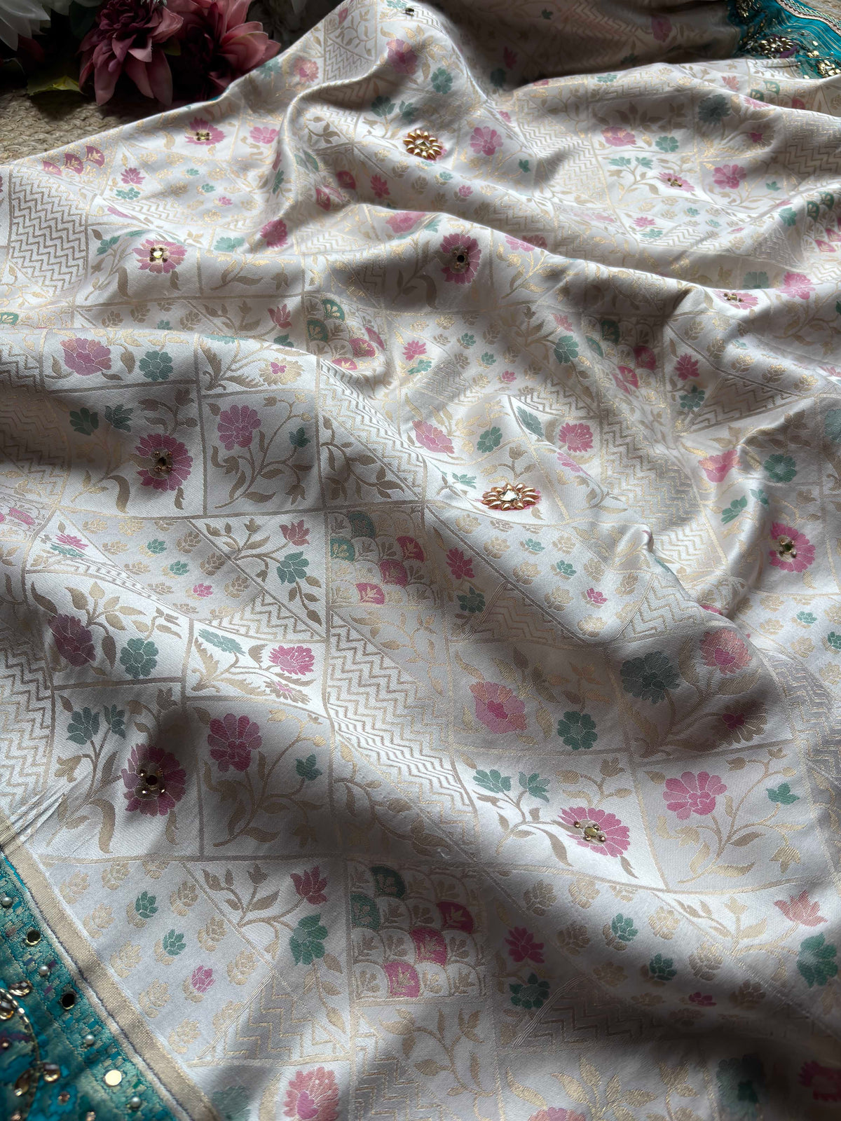 Turquoise & Ivory Patola Embellished Saree with Floral Woven Detail