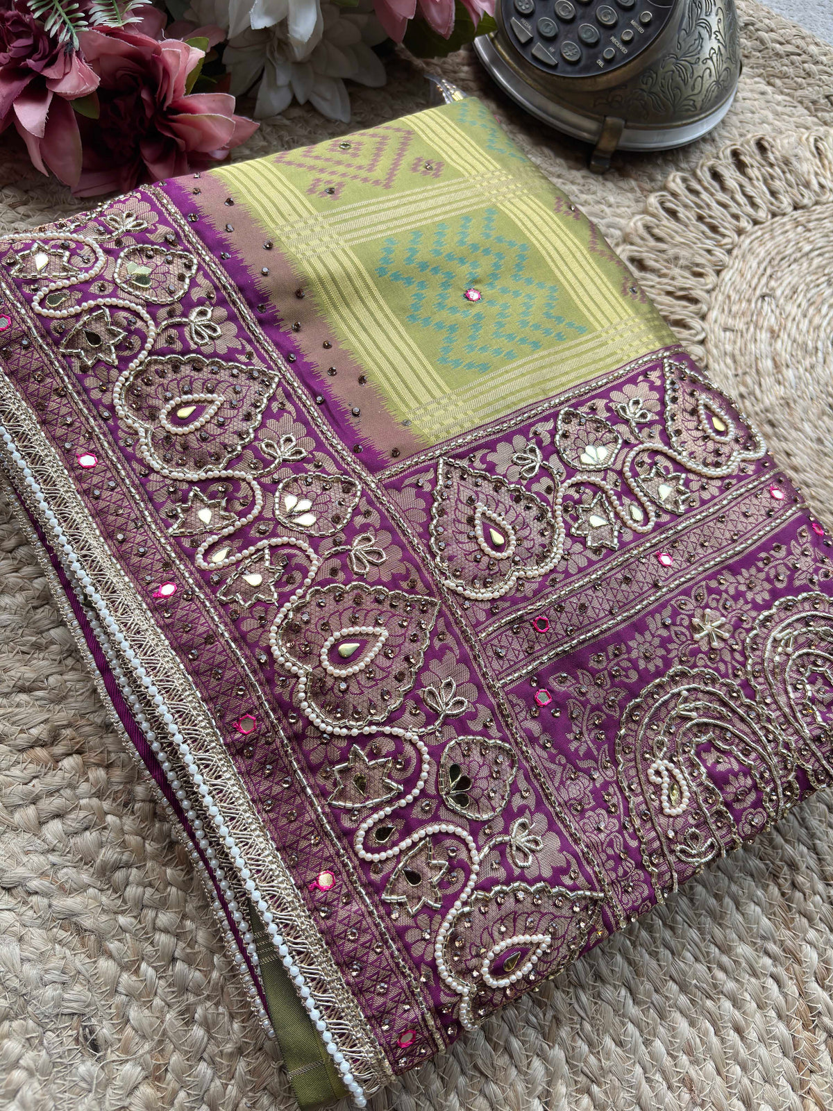 Olive Green Patola Saree with Purple Embellished Paisley Border