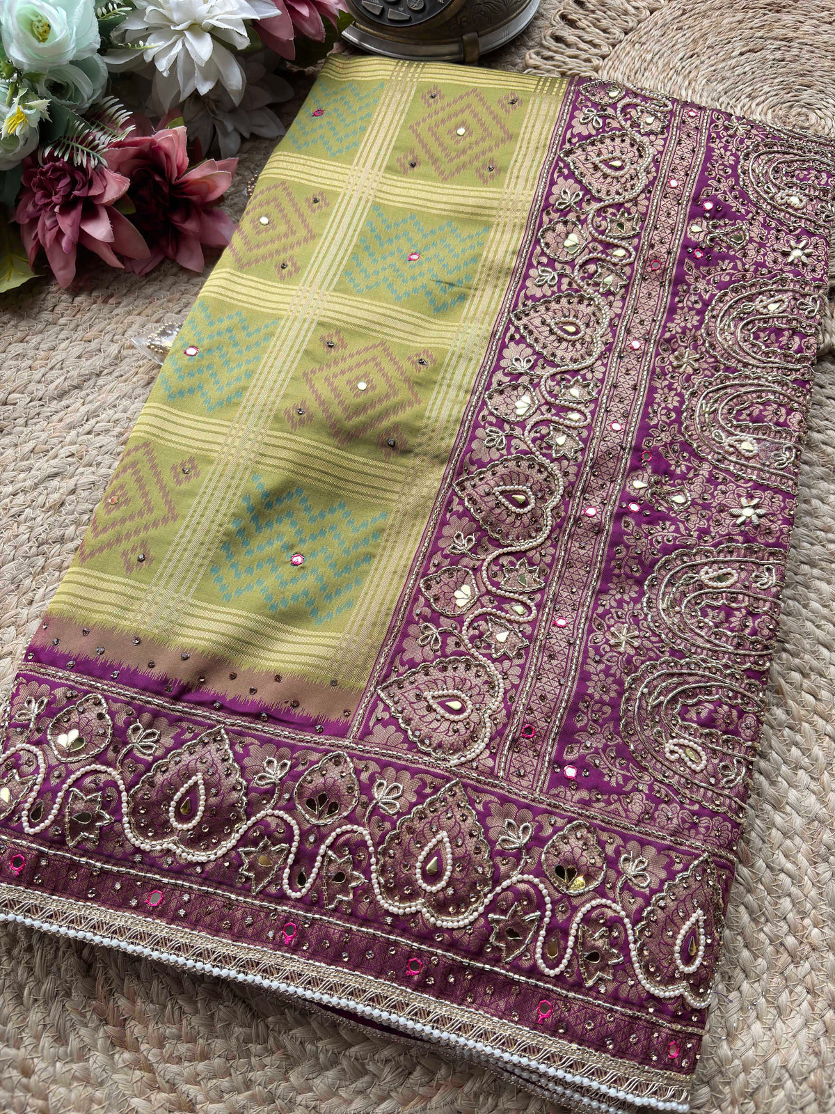 Olive Green Patola Saree with Purple Embellished Paisley Border