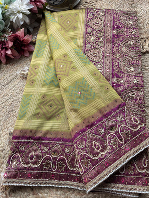 Olive Green Patola Saree with Purple Embellished Paisley Border