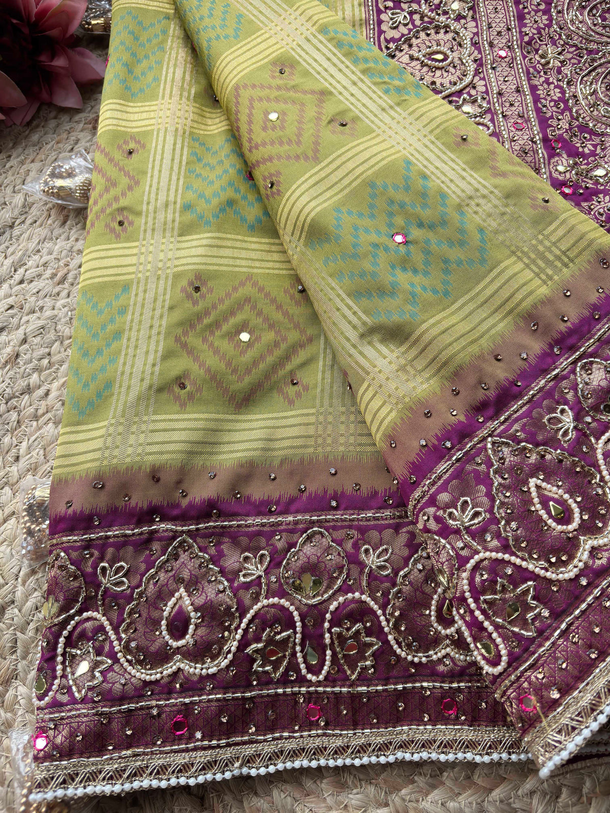 Olive Green Patola Saree with Purple Embellished Paisley Border