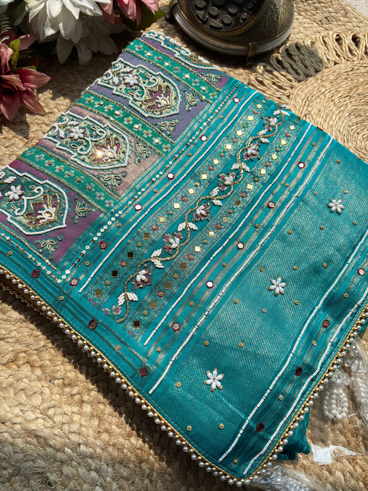 Turquoise & Ivory Patola Saree with Pearl Embellished Border