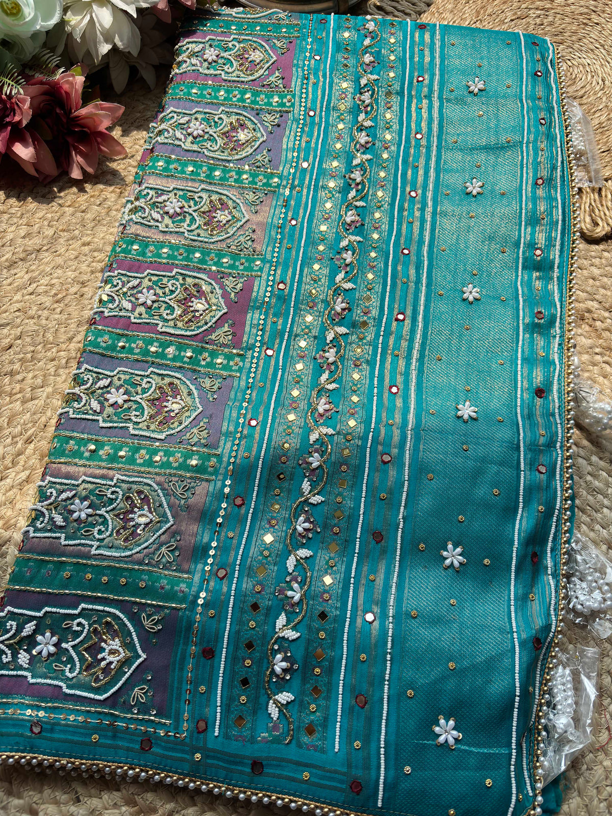 Turquoise & Ivory Patola Saree with Pearl Embellished Border