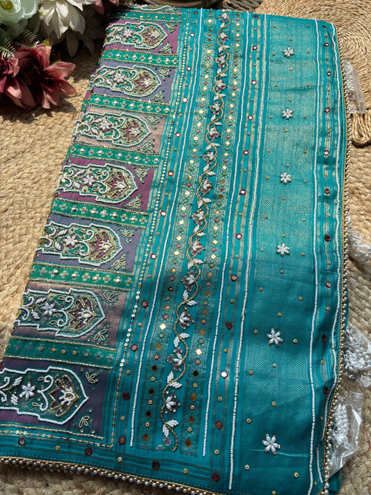 Turquoise & Ivory Patola Saree with Pearl Embellished Border