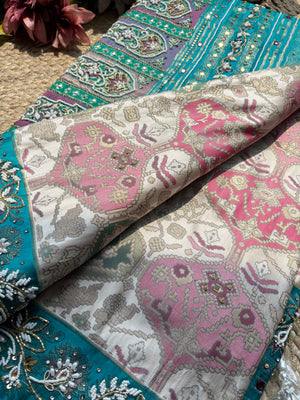 Turquoise & Ivory Patola Saree with Pearl Embellished Border