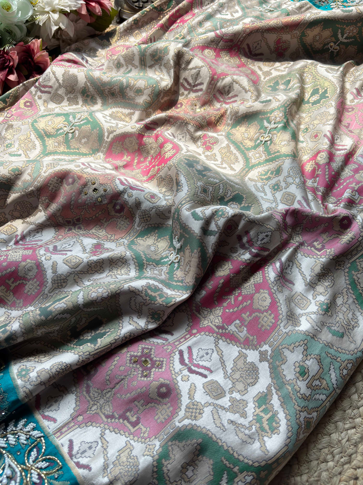 Turquoise & Ivory Patola Saree with Pearl Embellished Border